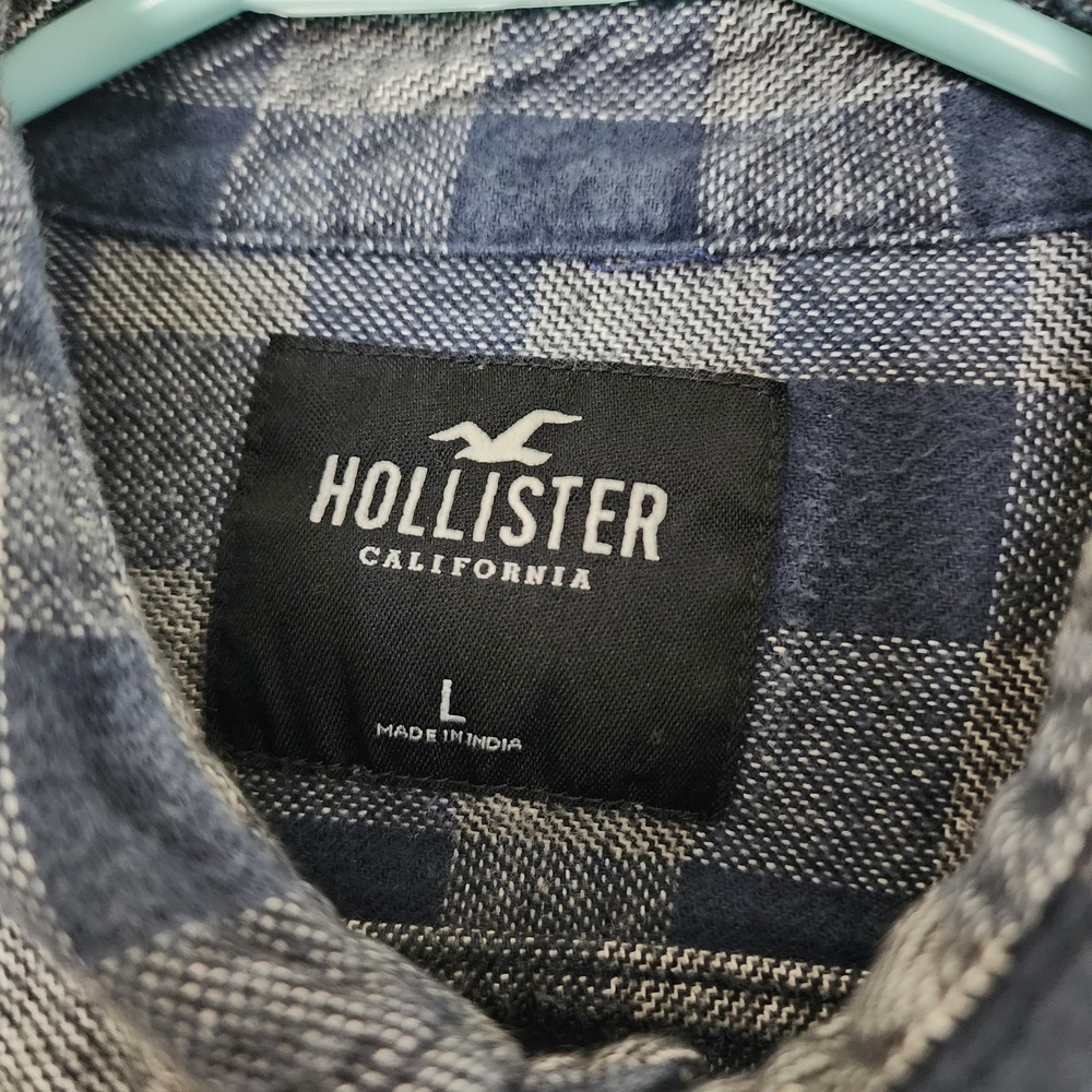 Hollister California Plaid Flannel Shirt Mens Large Blue Gray Button Front Logo - Picture 3 of 10